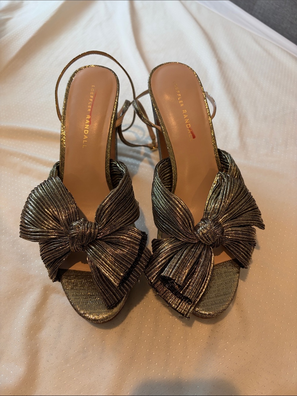 Loeffler Randall Metallic Gold Knot Bow Heeled Sandals